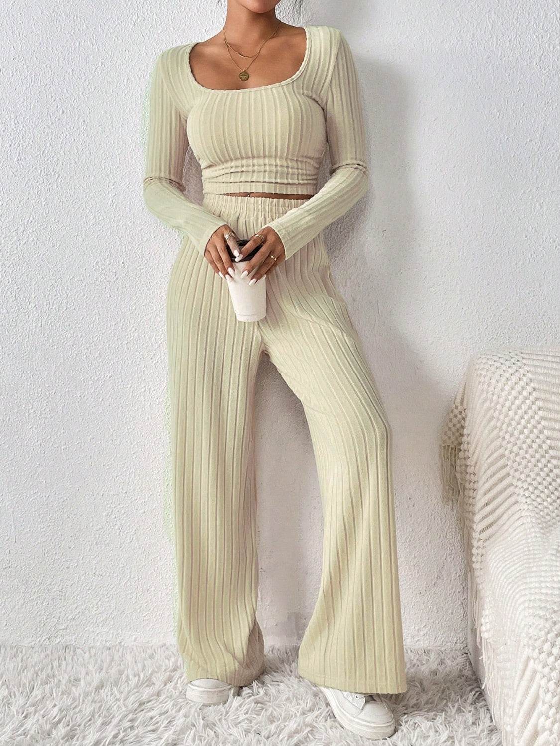 Honey Scoop Neck Long Sleeve Top and Pants Set - DaTrendStore.Com