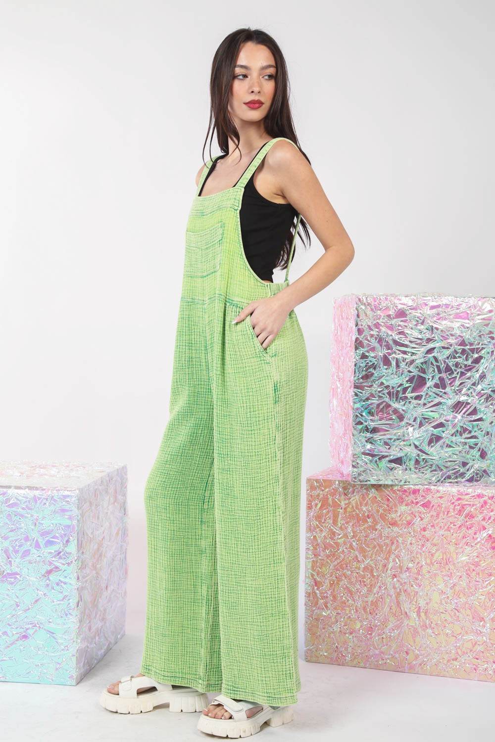 VERY J Texture Washed Wide Leg Overalls - DaTrendStore.Com