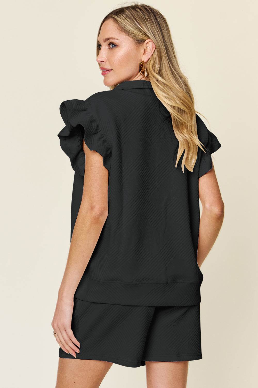 Double Take Full Size Texture Flounce Sleeve Top and Drawstring Shorts Set - DaTrendStore.Com