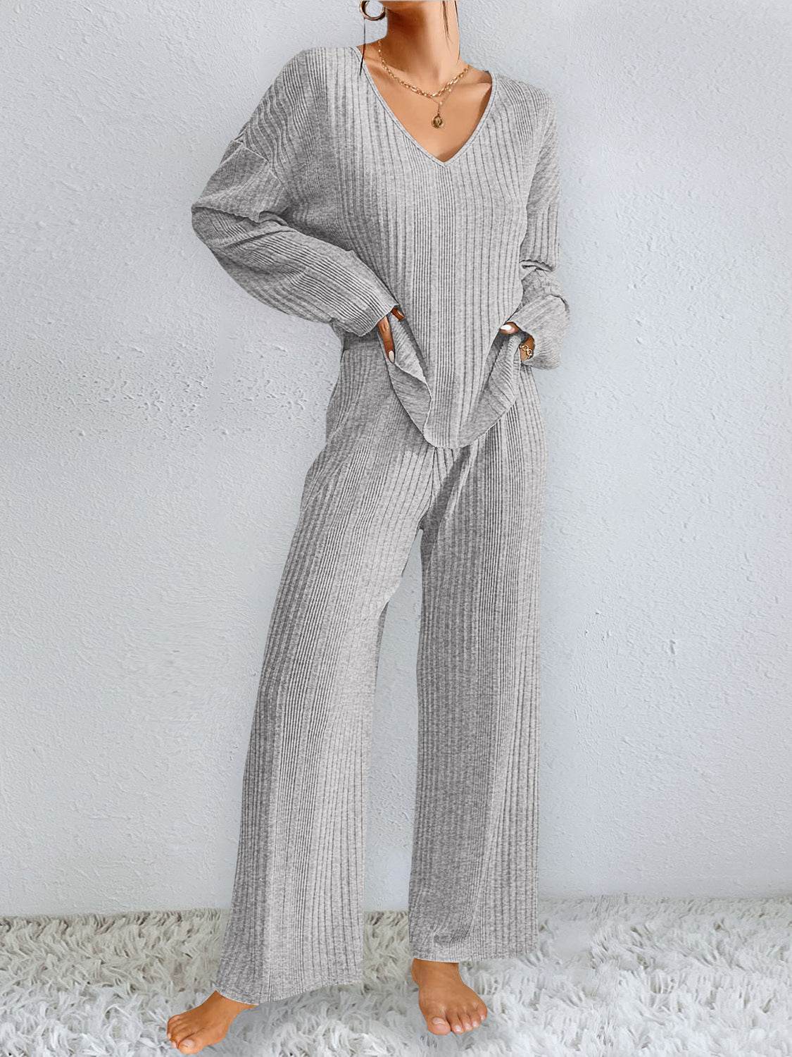 V-Neck Long Sleeve Top and Pants Set - DaTrendStore.Com