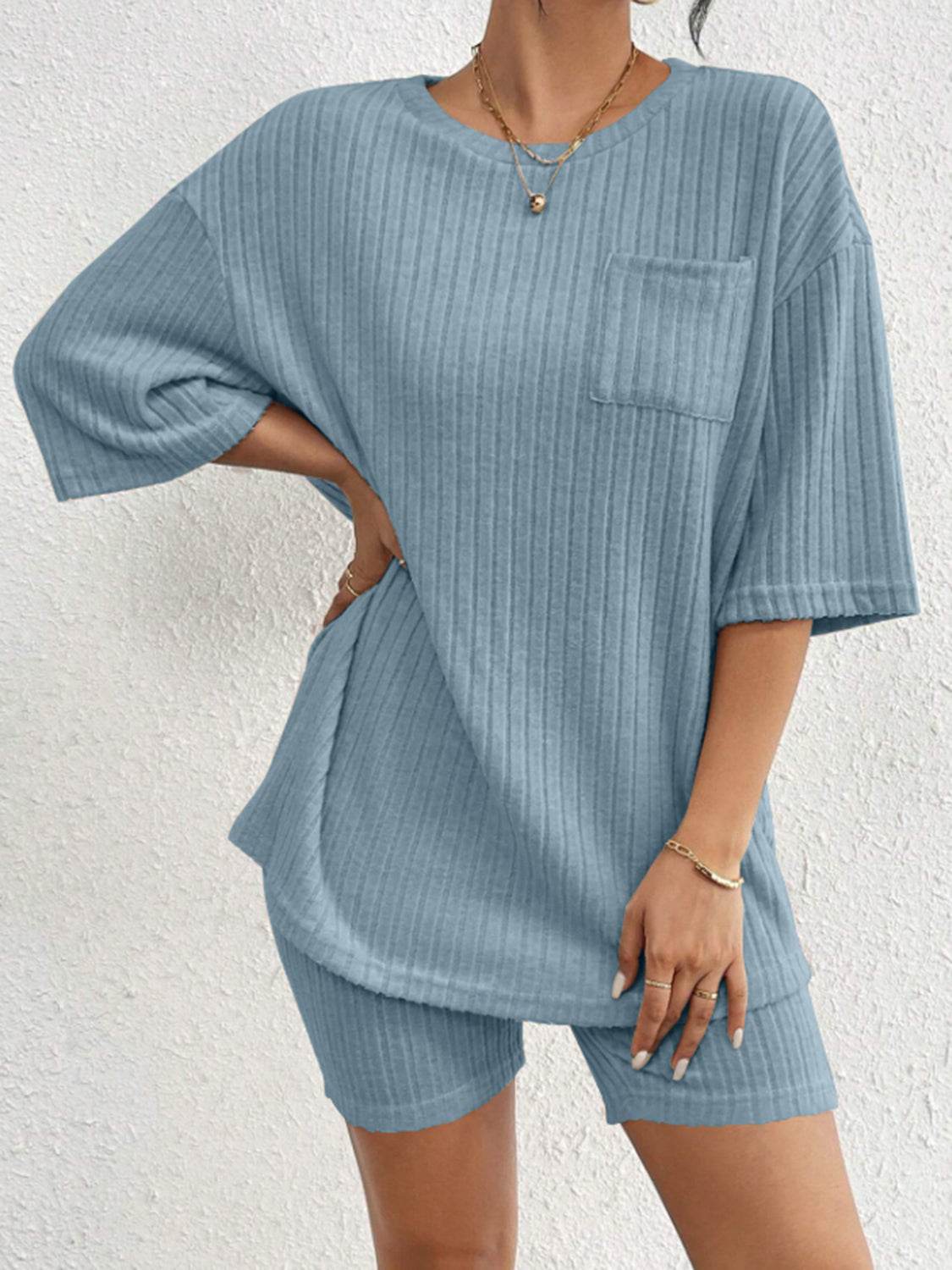 Ribbed Round Neck Top and Shorts Set - DaTrendStore.Com