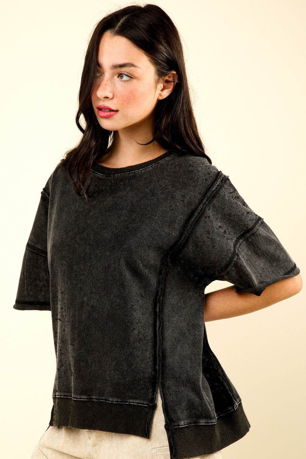 VERY J Round Neck Exposed Seam Slit T-Shirt - DaTrendStore.Com