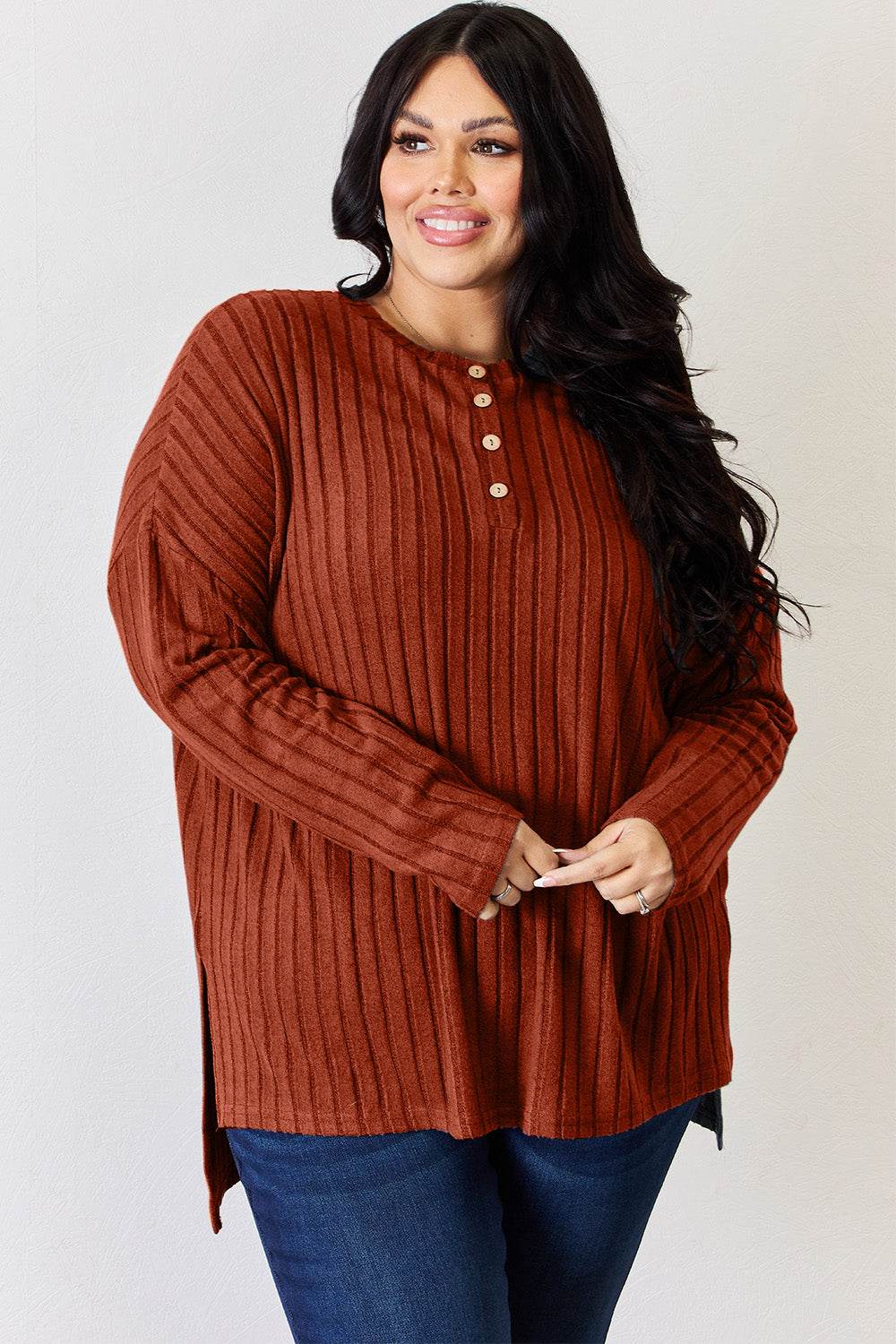 Basic Bae Full Size Ribbed Half Button Long Sleeve High-Low T-Shirt - DaTrendStore.Com