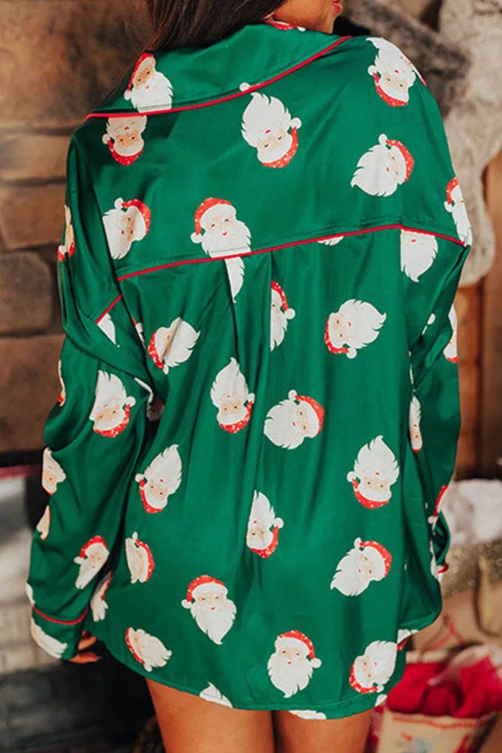 Santa Collared Neck Long Sleeve Top and Shorts Lounge Set - DaTrendStore.Com