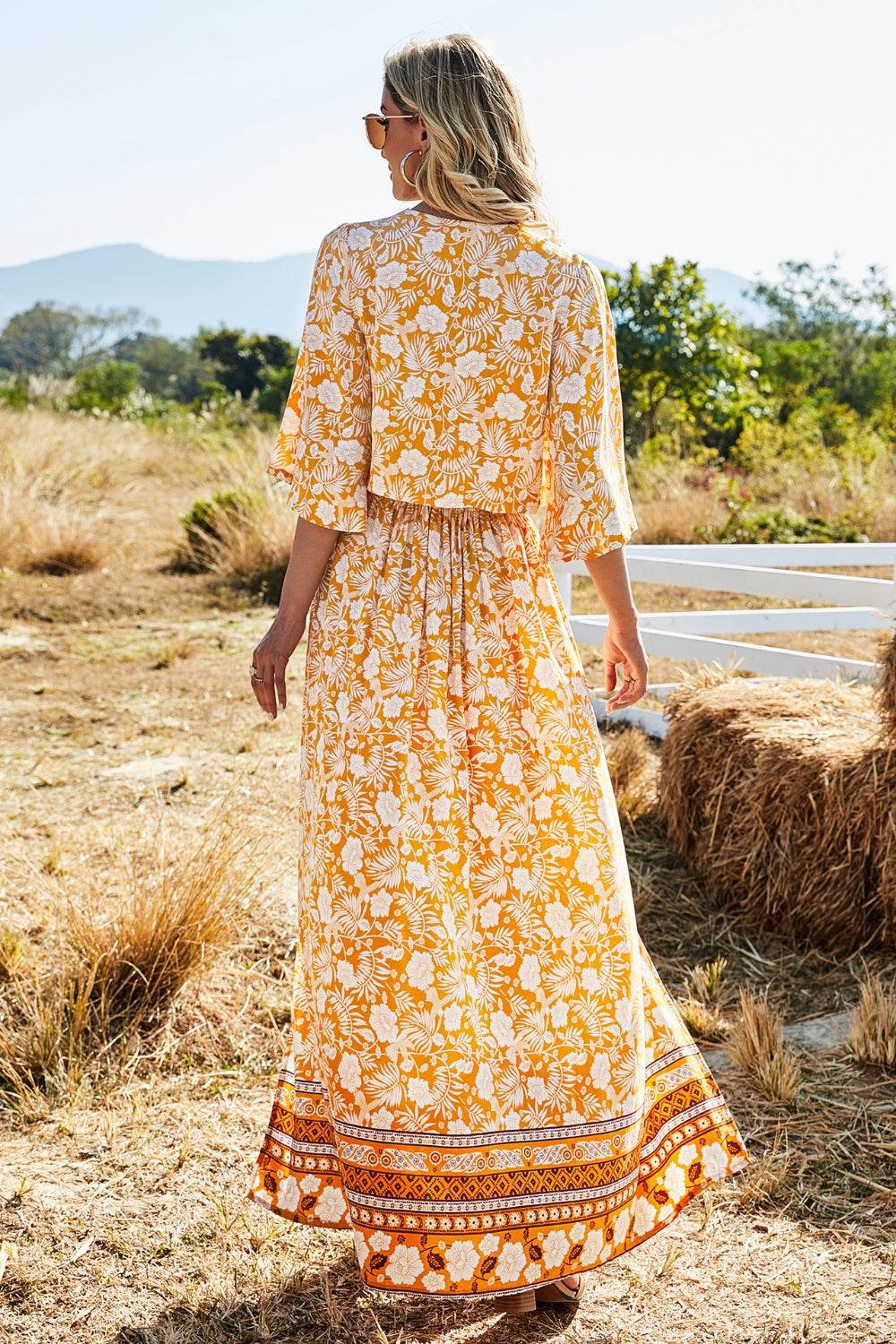 Printed Half Sleeve Top and Slit Skirt Set - DaTrendStore.Com