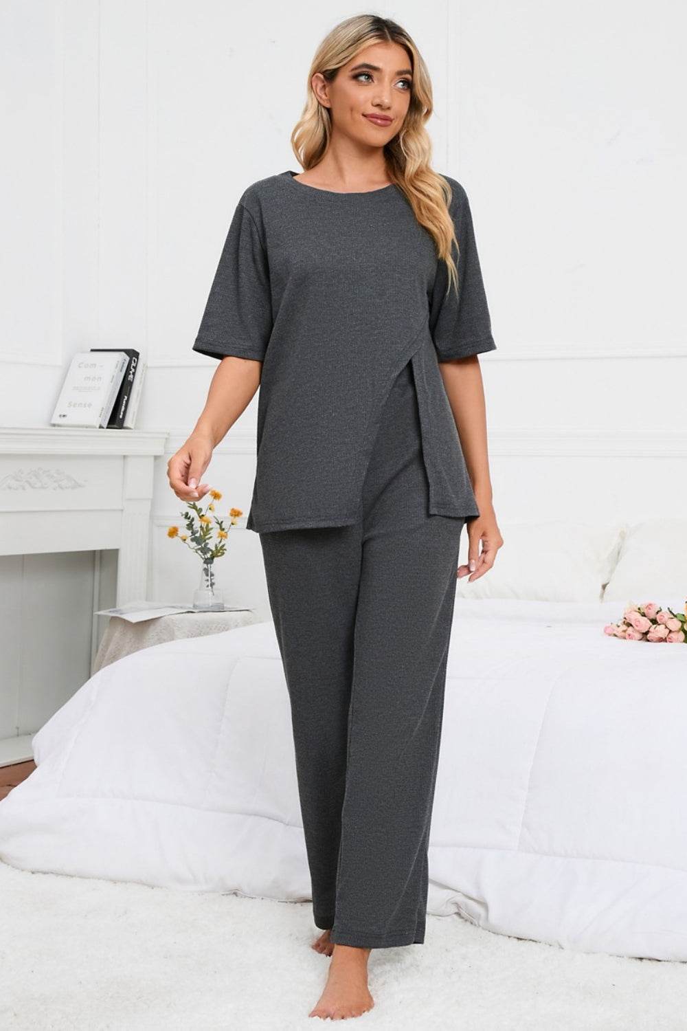 Slit Round Neck Top and Pants Lounge Set - DaTrendStore.Com