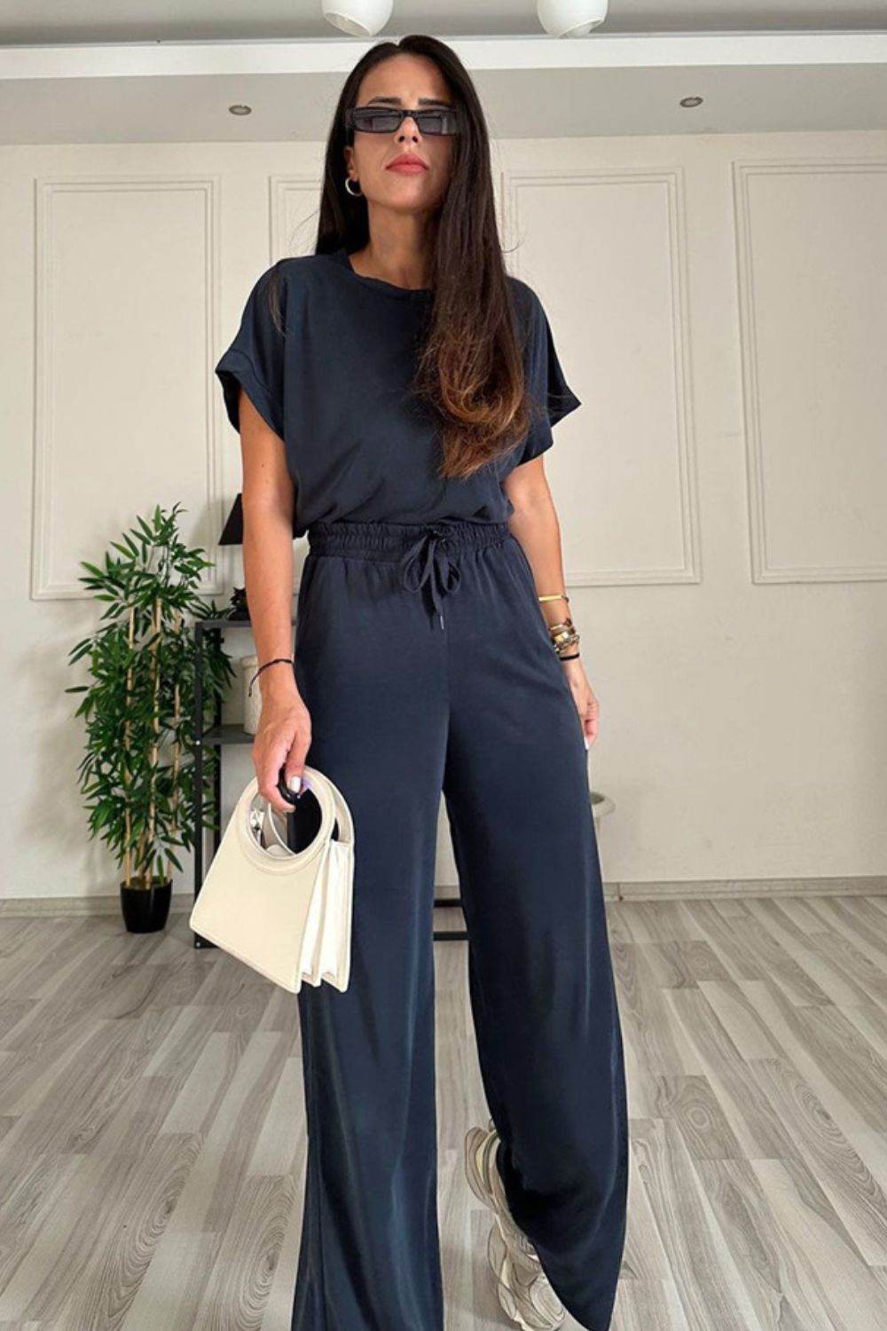 Round Neck Short Sleeve Top and Drawstring Pants Set - DaTrendStore.Com