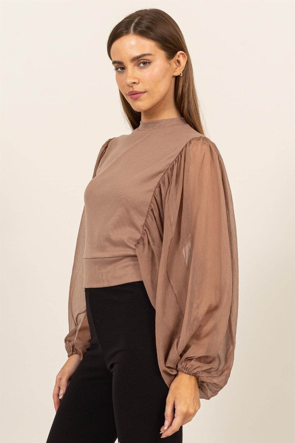 HYFVE Ruched Sheer Long Sleeve Mock Neck Blouse - DaTrendStore.Com
