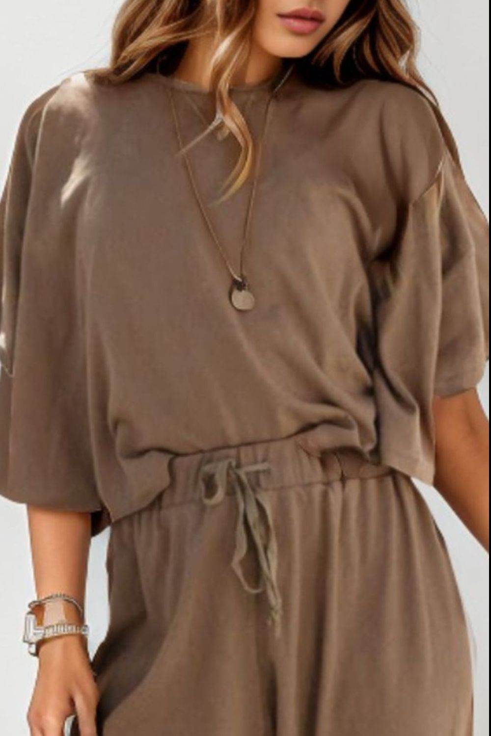 Round Neck Dropped Shoulder Top and Pants Set - DaTrendStore.Com
