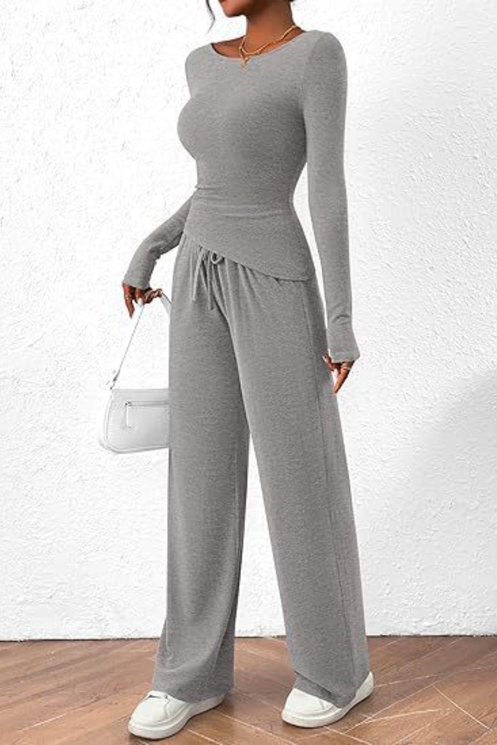 Round Neck Long Sleeve Top and Pants Set - DaTrendStore.Com