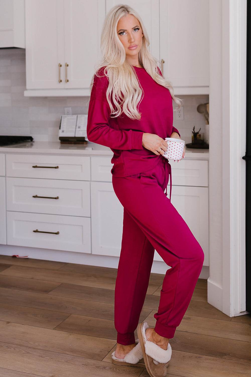 Round Neck Top and Drawstring Pants Lounge Set - DaTrendStore.Com