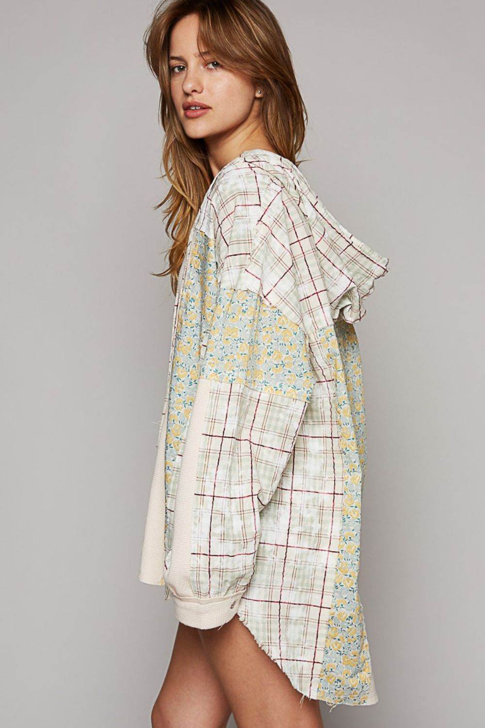 POL Long Sleeve Knit Mixed Hoodie Plaid Shirt - DaTrendStore.Com