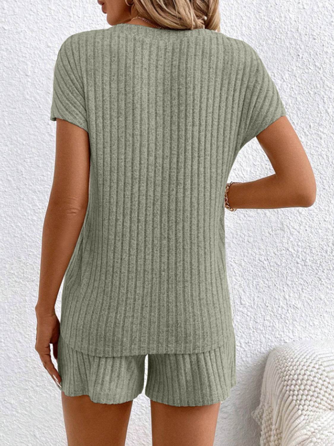 Ribbed V-Neck Top and Shorts Set - DaTrendStore.Com