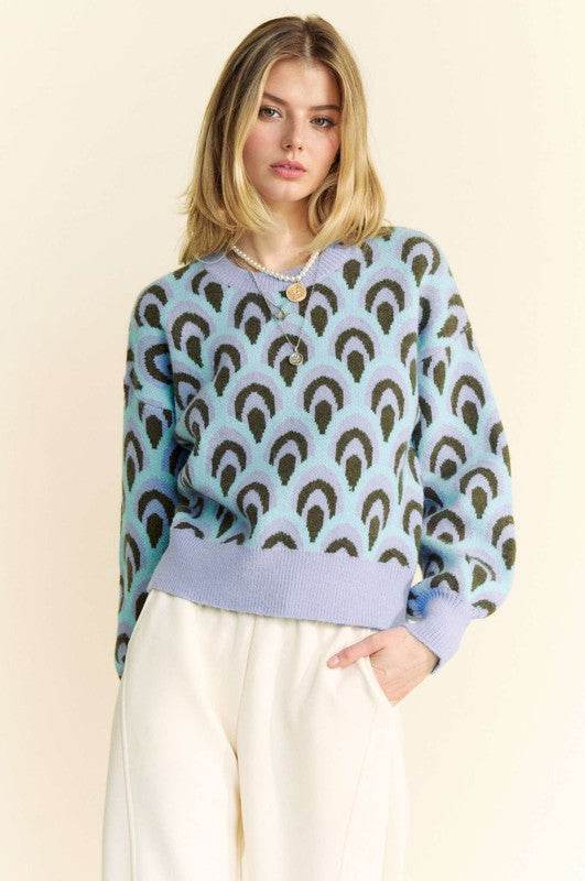 Davi & Dani Scale Jacquard Round Neck Drop Shoulder Sweater - DaTrendStore.Com