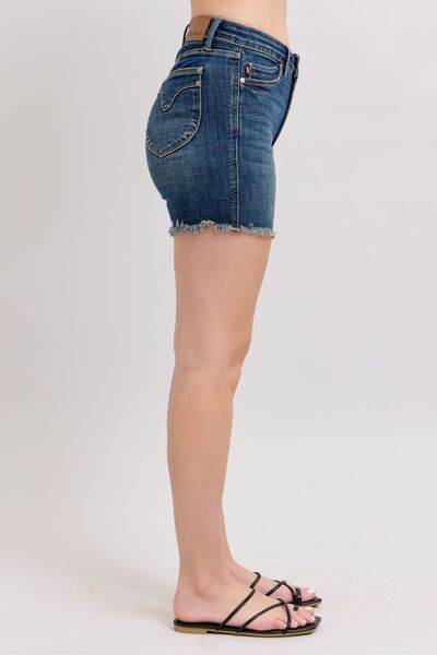 Judy Blue Tummy Control Fray Hem & Shield Back Pockets Denim Shorts - DaTrendStore.Com
