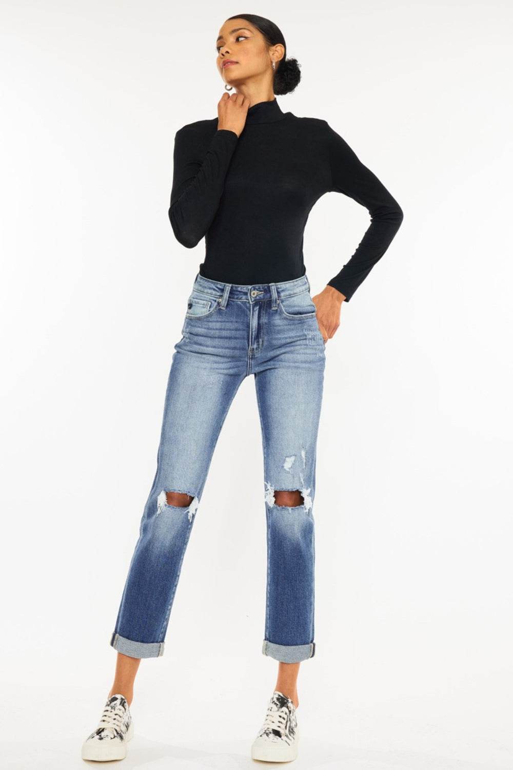 Kancan High Waist Distressed Hem Detail Cropped Straight Jeans - DaTrendStore.Com