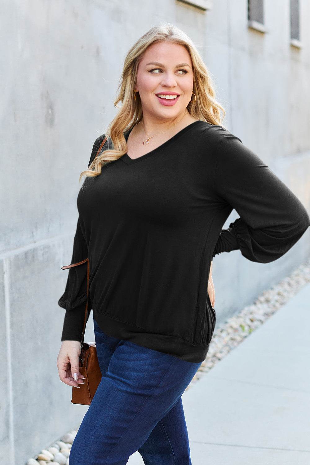 Basic Bae Full Size V-Neck Lantern Sleeve Top - DaTrendStore.Com