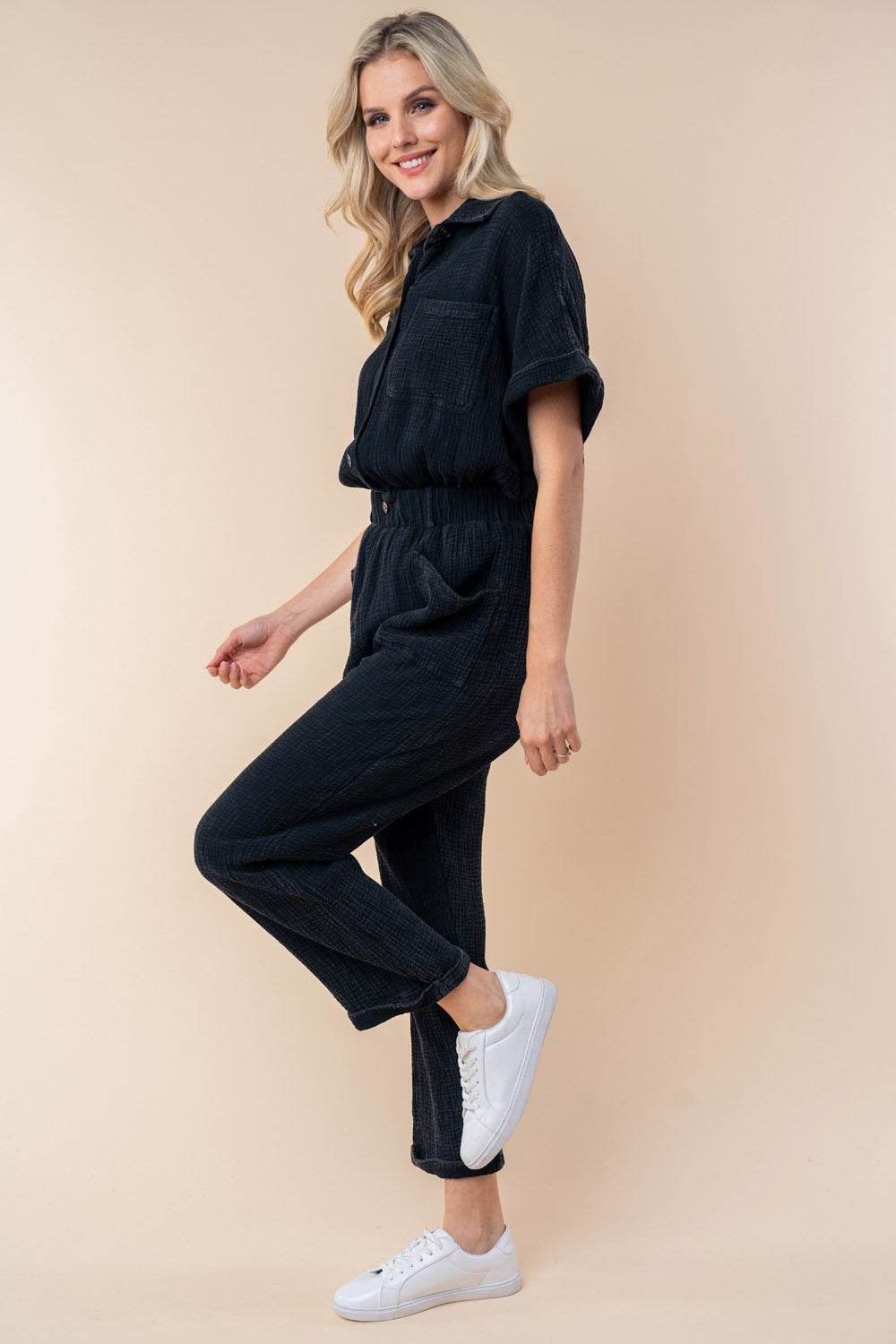 White Birch Texture Short Sleeve Jumpsuit - DaTrendStore.Com