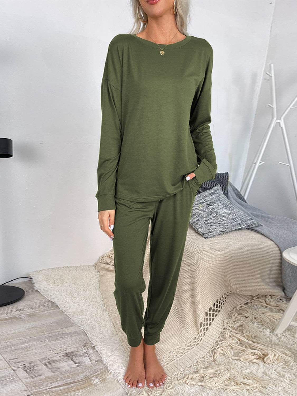Shiny Round Neck Top and Drawstring Pants Lounge Set - DaTrendStore.Com