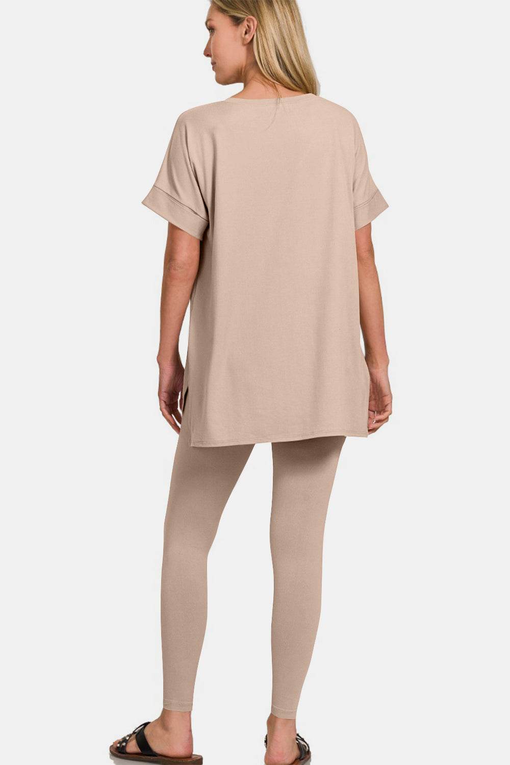 Zenana Full Size V-Neck Rolled Short Sleeve T-Shirt and Leggings Lounge Set - DaTrendStore.Com