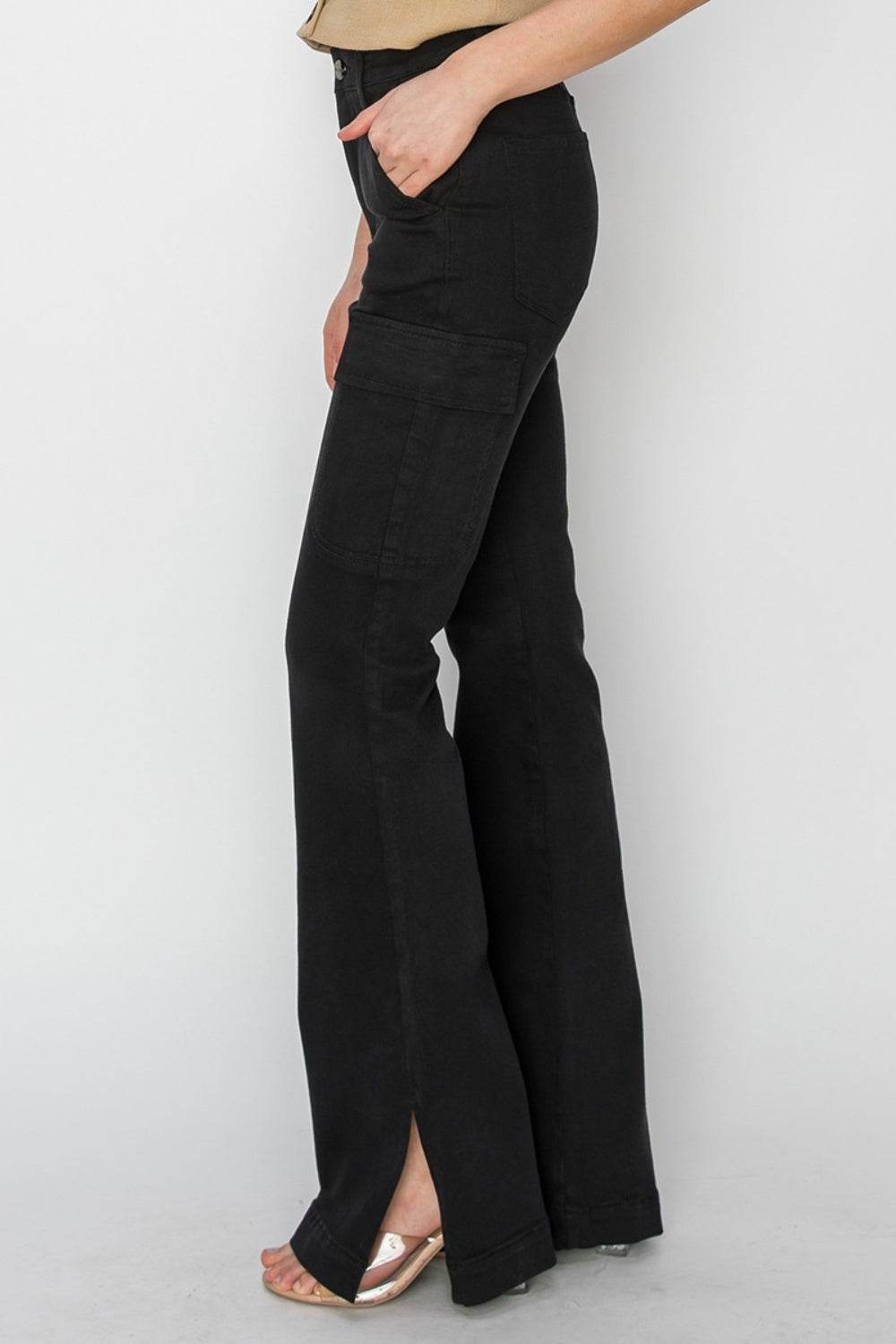 RISEN Full Size High Rise Side Slit Cargo Bootcut Jeans - DaTrendStore.Com