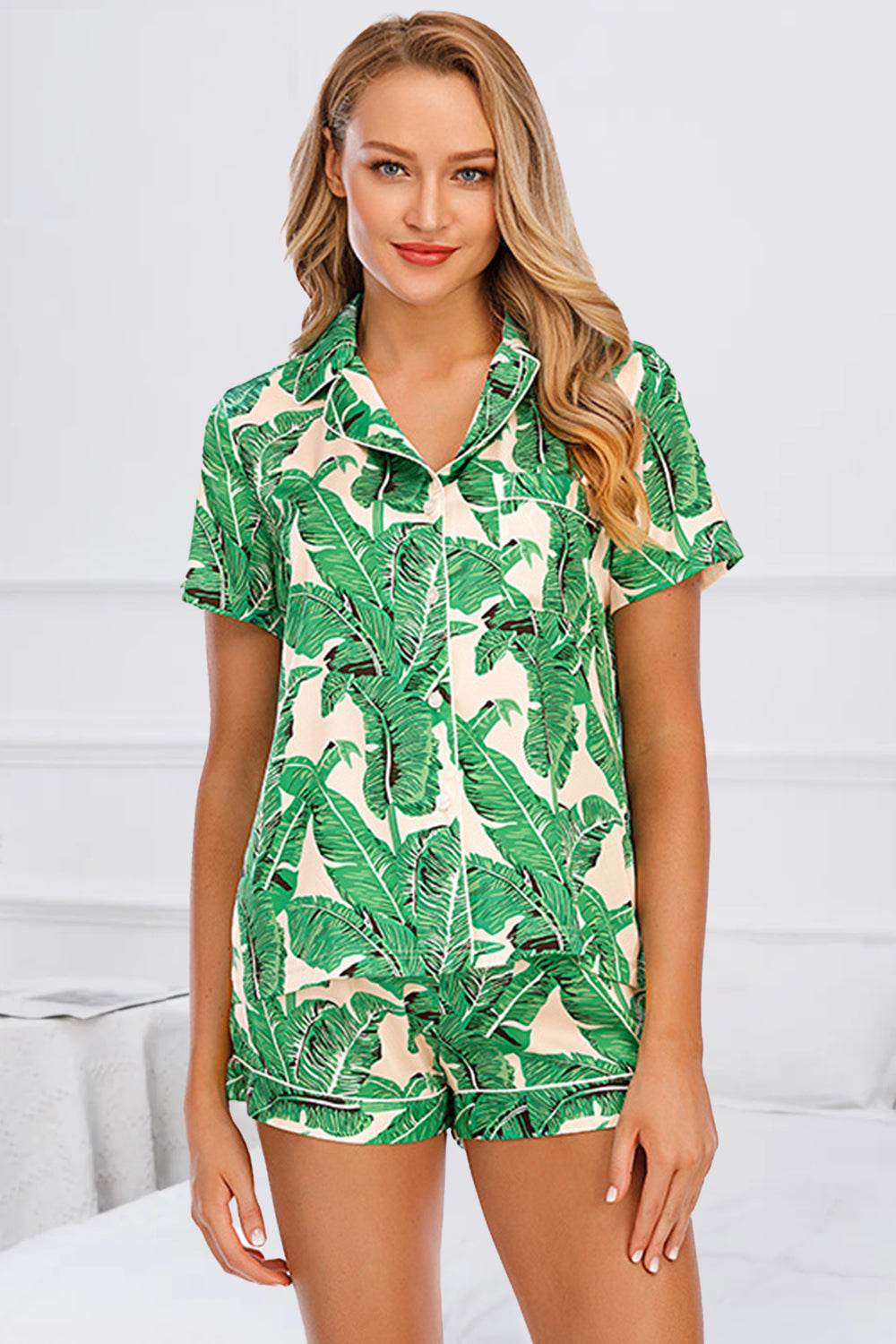 Printed Button Up Short Sleeve Top and Shorts Lounge Set - DaTrendStore.Com