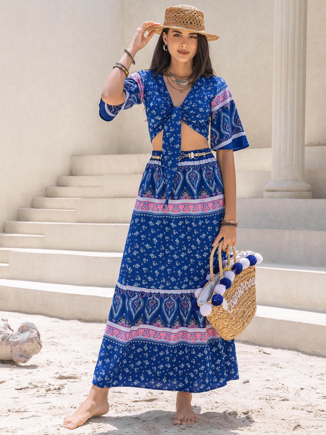 Printed Flutter Sleeve Top and Skirt Set - DaTrendStore.Com