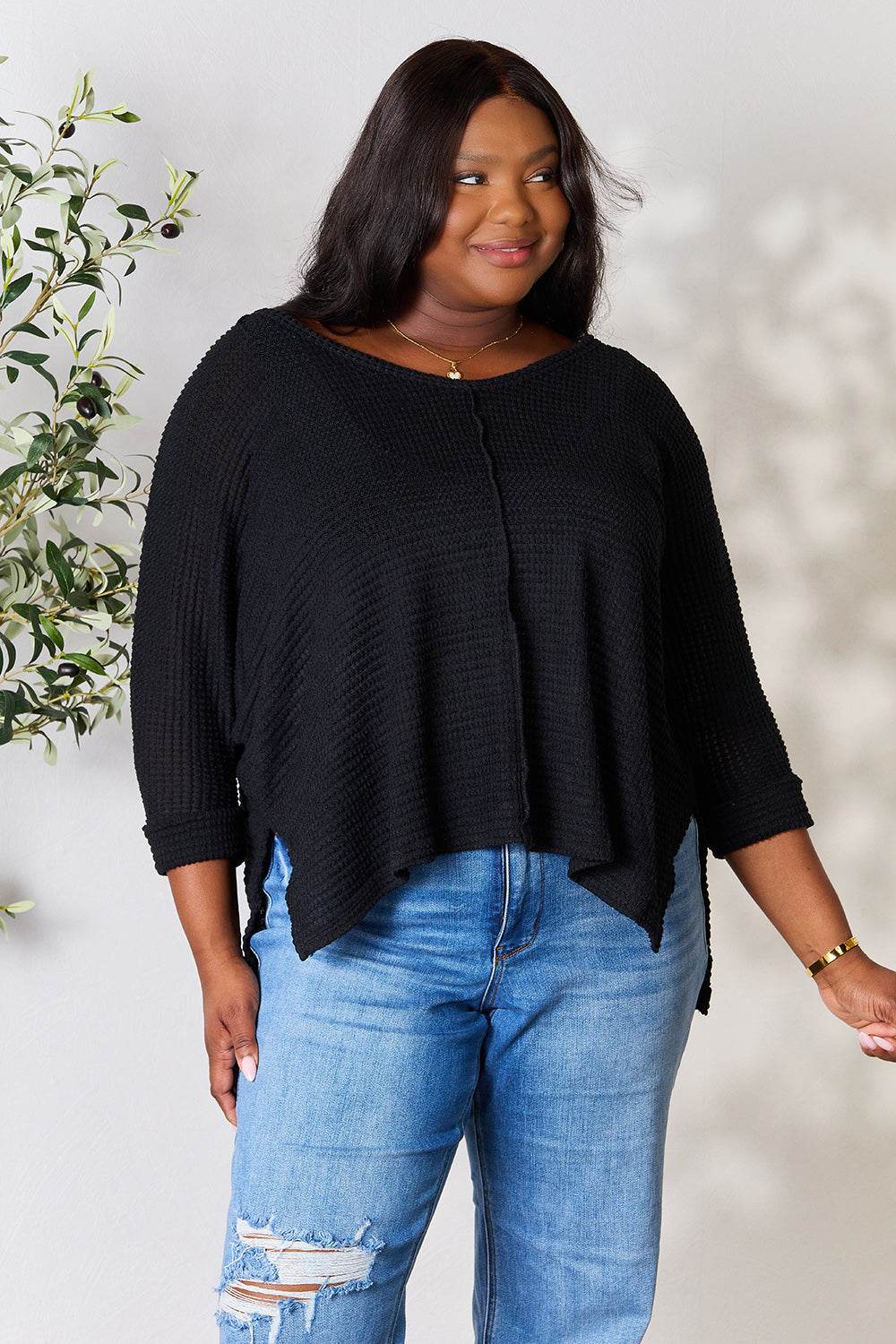 Zenana Full Size Round Neck High-Low Slit Knit Top - DaTrendStore.Com