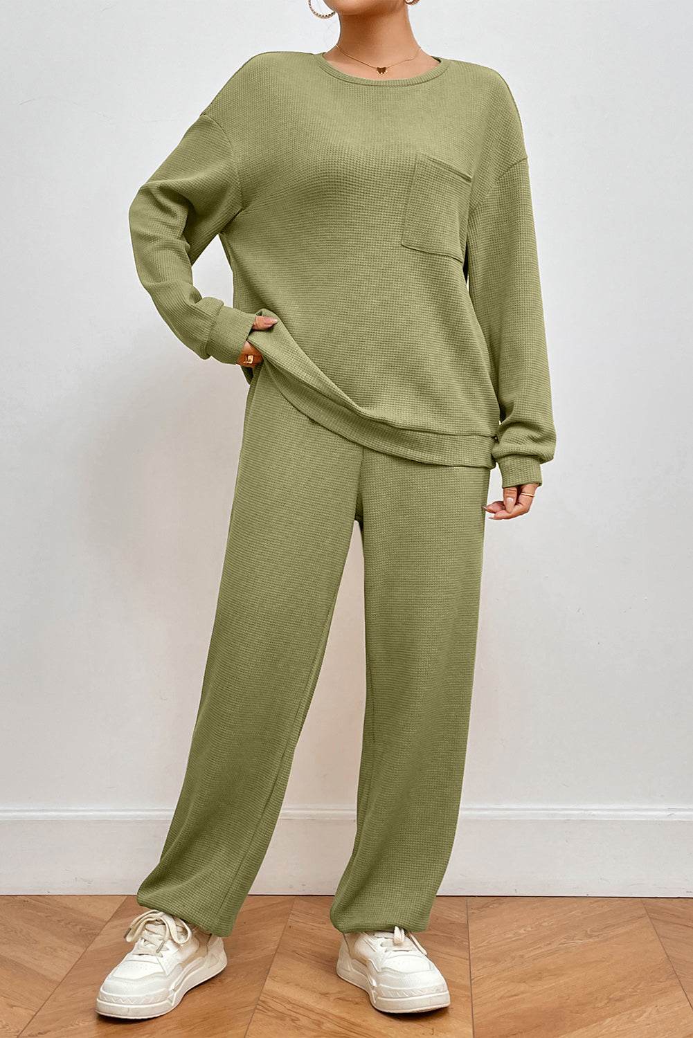 Pocketed Round Neck Top and Pants Lounge Set - DaTrendStore.Com