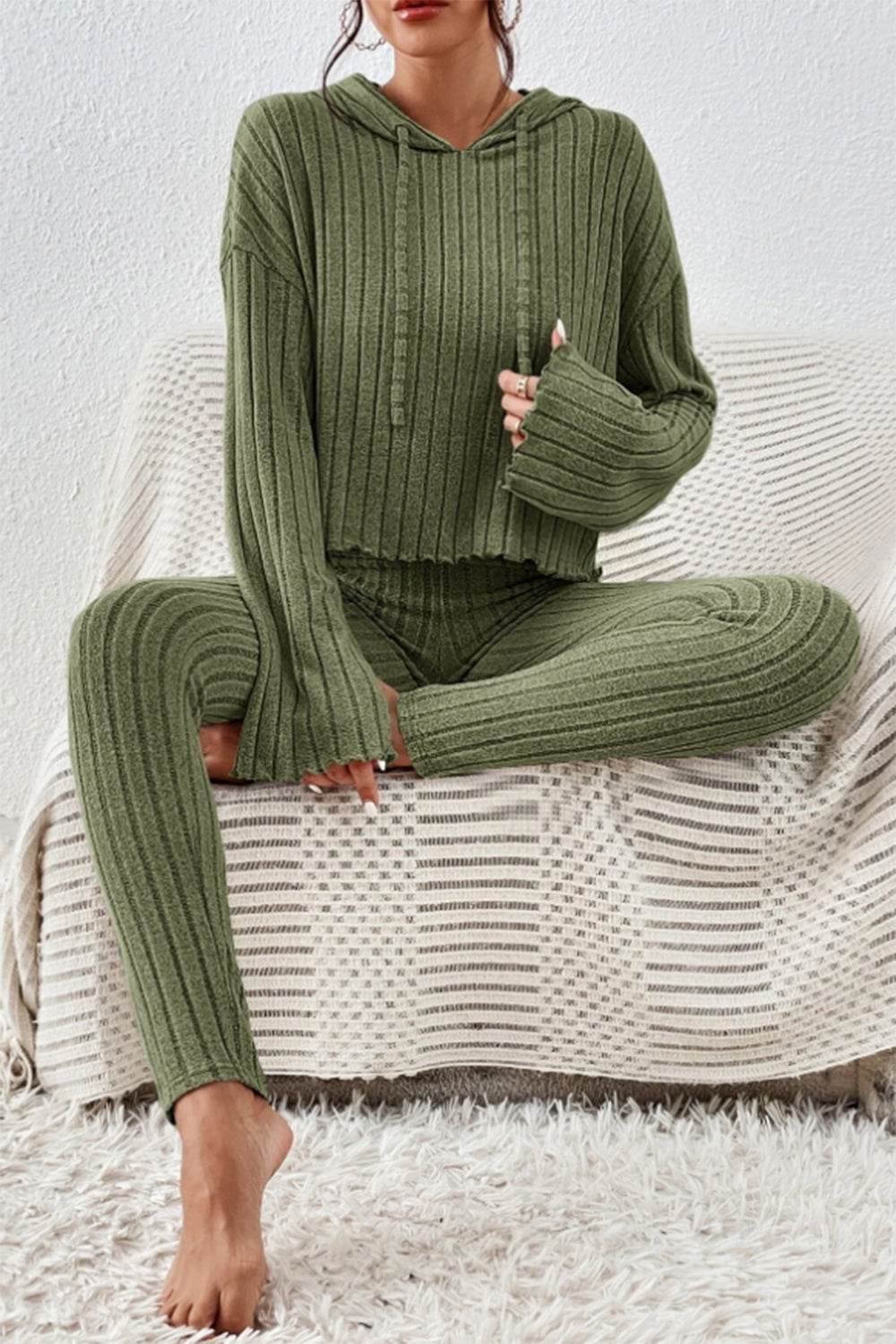 Lettuce Hem Dropped Shoulder Hooded Top and Pants Set - DaTrendStore.Com