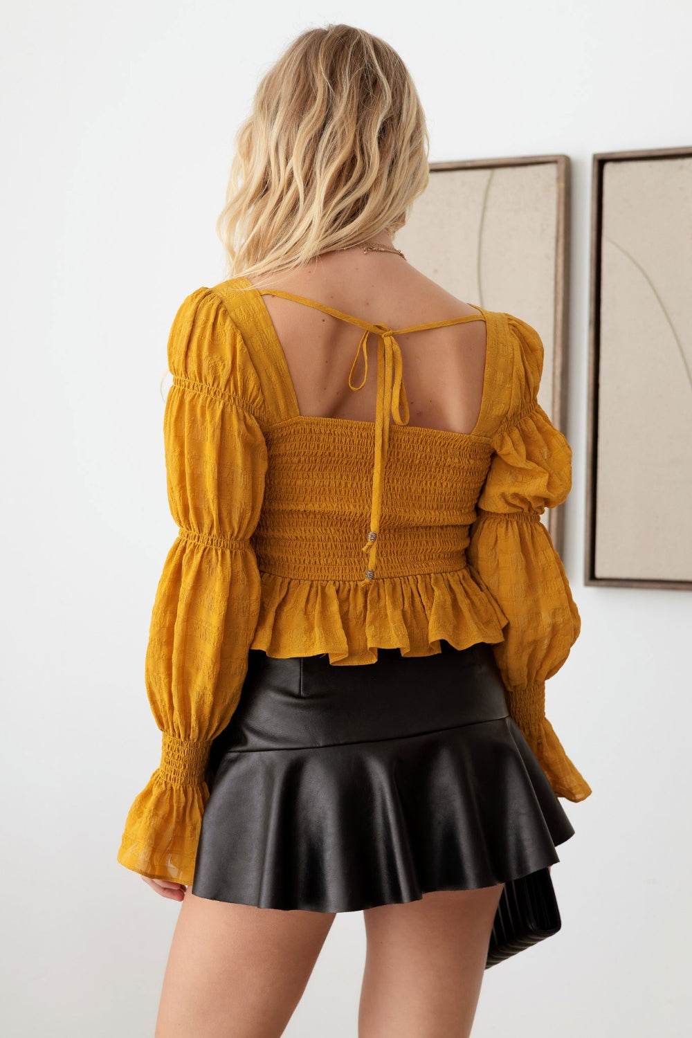 Mustard Seed Boho Shirred Smocked Peplum Long Sleeve Top - DaTrendStore.Com