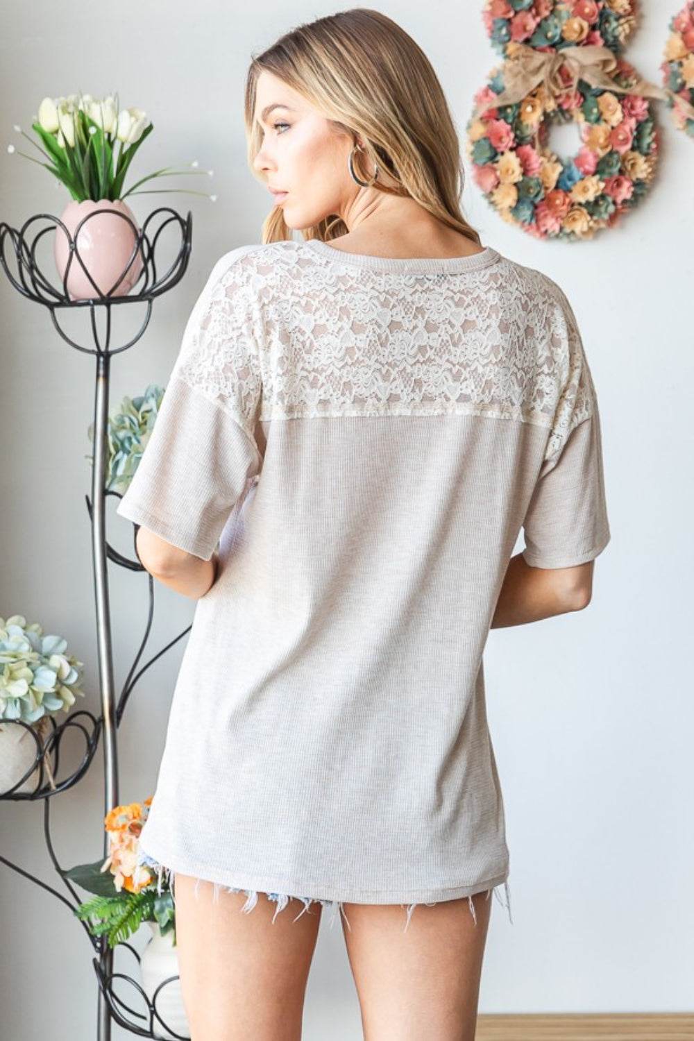 Heimish Full Size Lace Front Pocket Drop Shoulder Top - DaTrendStore.Com