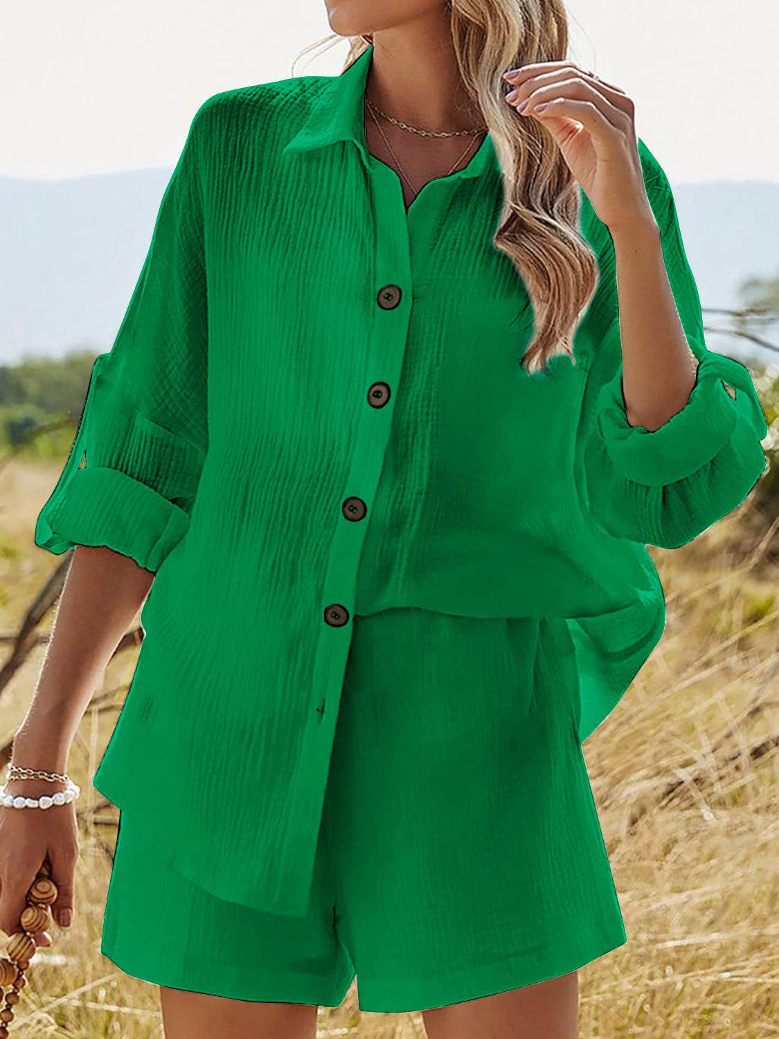 Texture Button Up Shirt and Shorts Set - DaTrendStore.Com