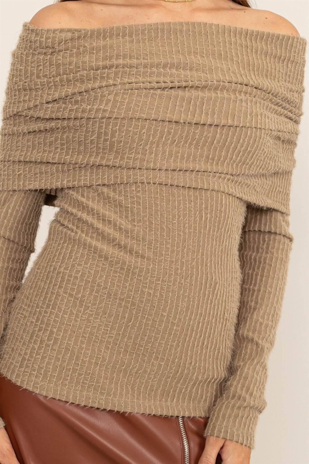 HYFVE Fuzzy Off Shoulder Textured Knit Top - DaTrendStore.Com