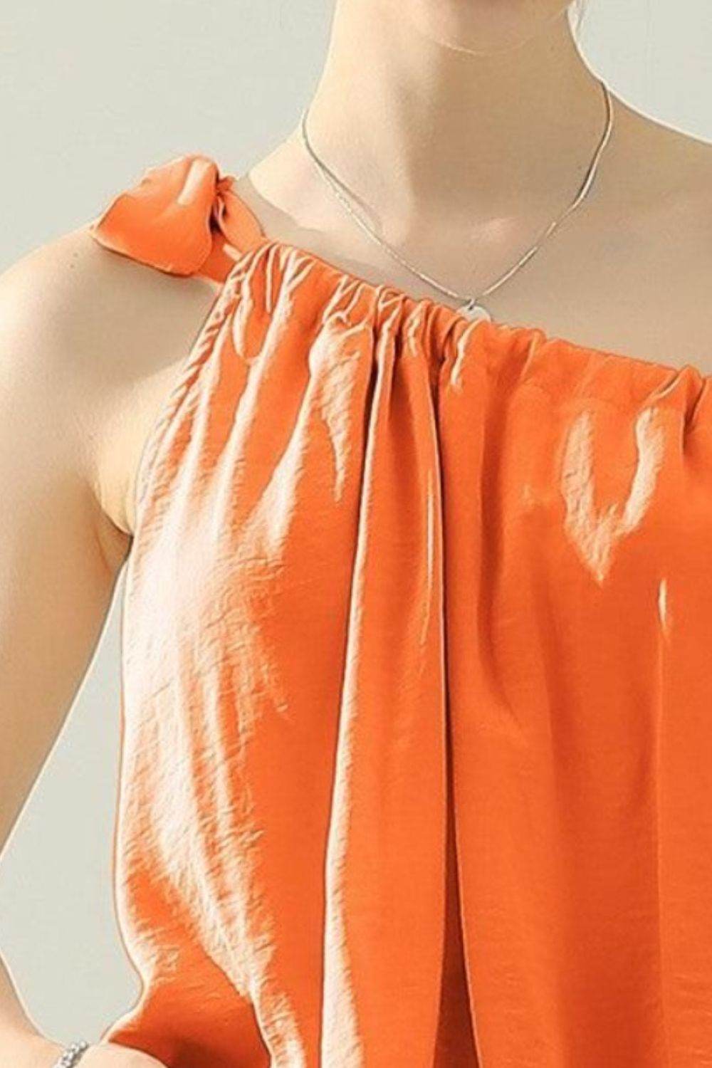 Ninexis One Shoulder Bow Tie Strap Satin Silk Top - DaTrendStore.Com