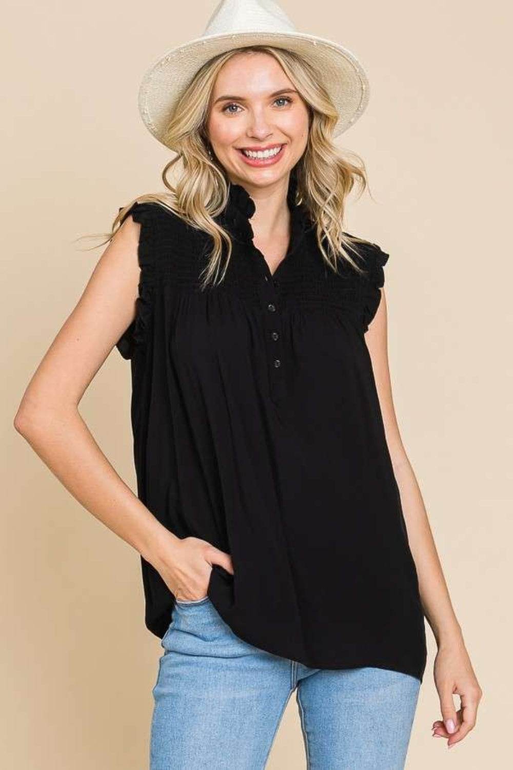 Culture Code Full Size Frill Edge Smocked Sleeveless Top - DaTrendStore.Com
