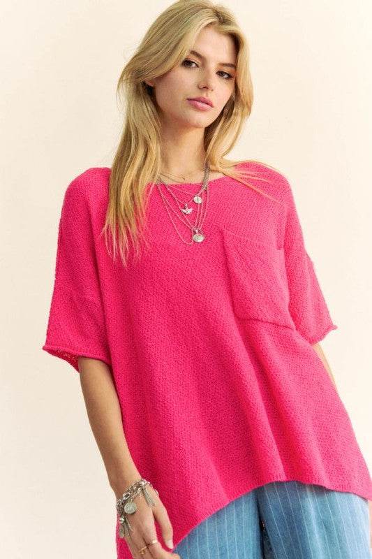 Davi & Dani Side Slit Round Neck Half Sleeve Knit Top - DaTrendStore.Com
