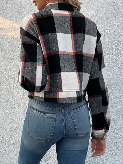 Perfee Plaid Button Up Drop Shoulder Cropped Jacket