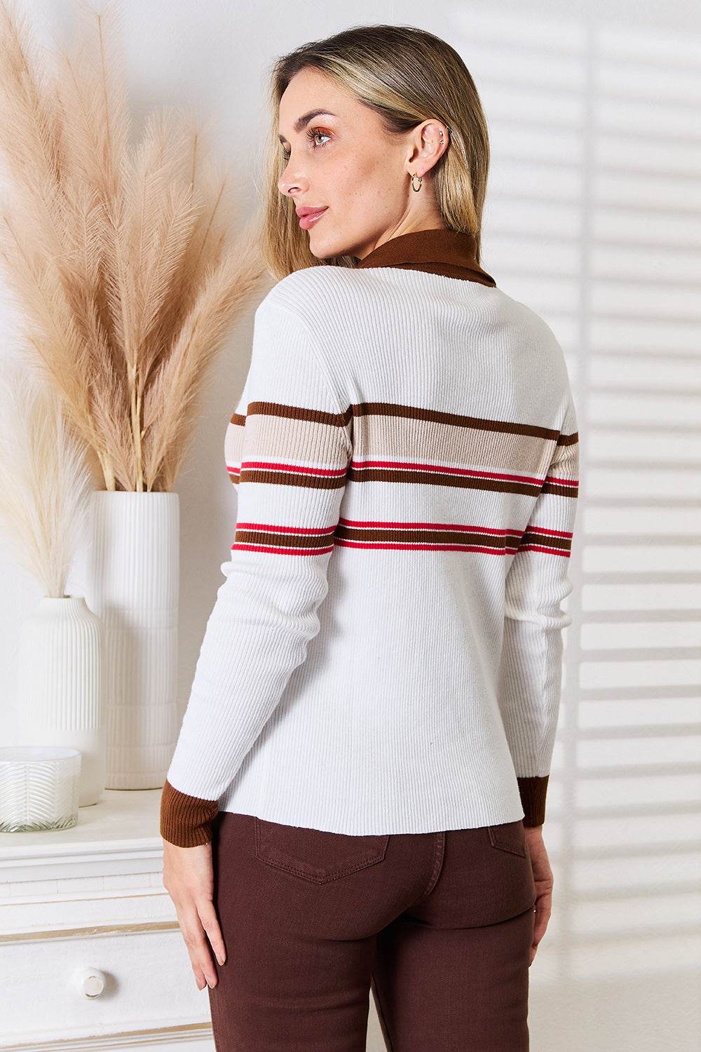 Basic Bae Striped Collared Neck Rib-Knit Top - DaTrendStore.Com