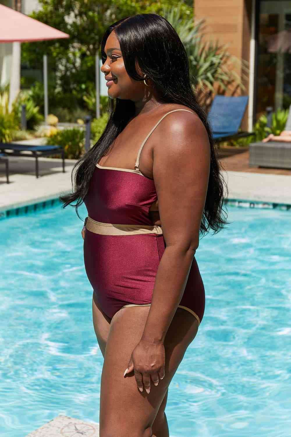 Marina West Swim Wave Break Contrast Trim One-Piece in Wine - DaTrendStore.Com