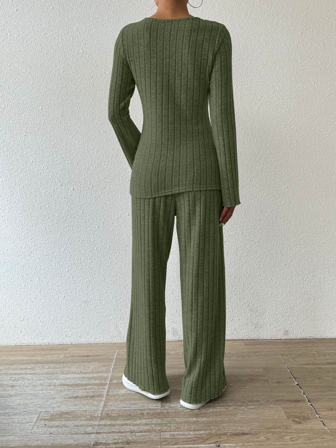 Ribbed V-Neck Long Sleeve Top and Pocketed Pants Set - DaTrendStore.Com