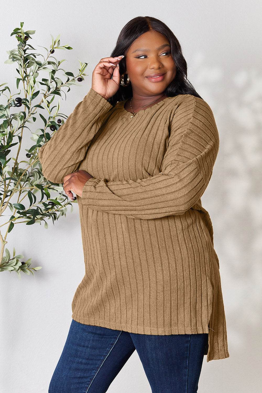 Basic Bae Full Size Ribbed Round Neck Long Sleeve Slit Top - DaTrendStore.Com