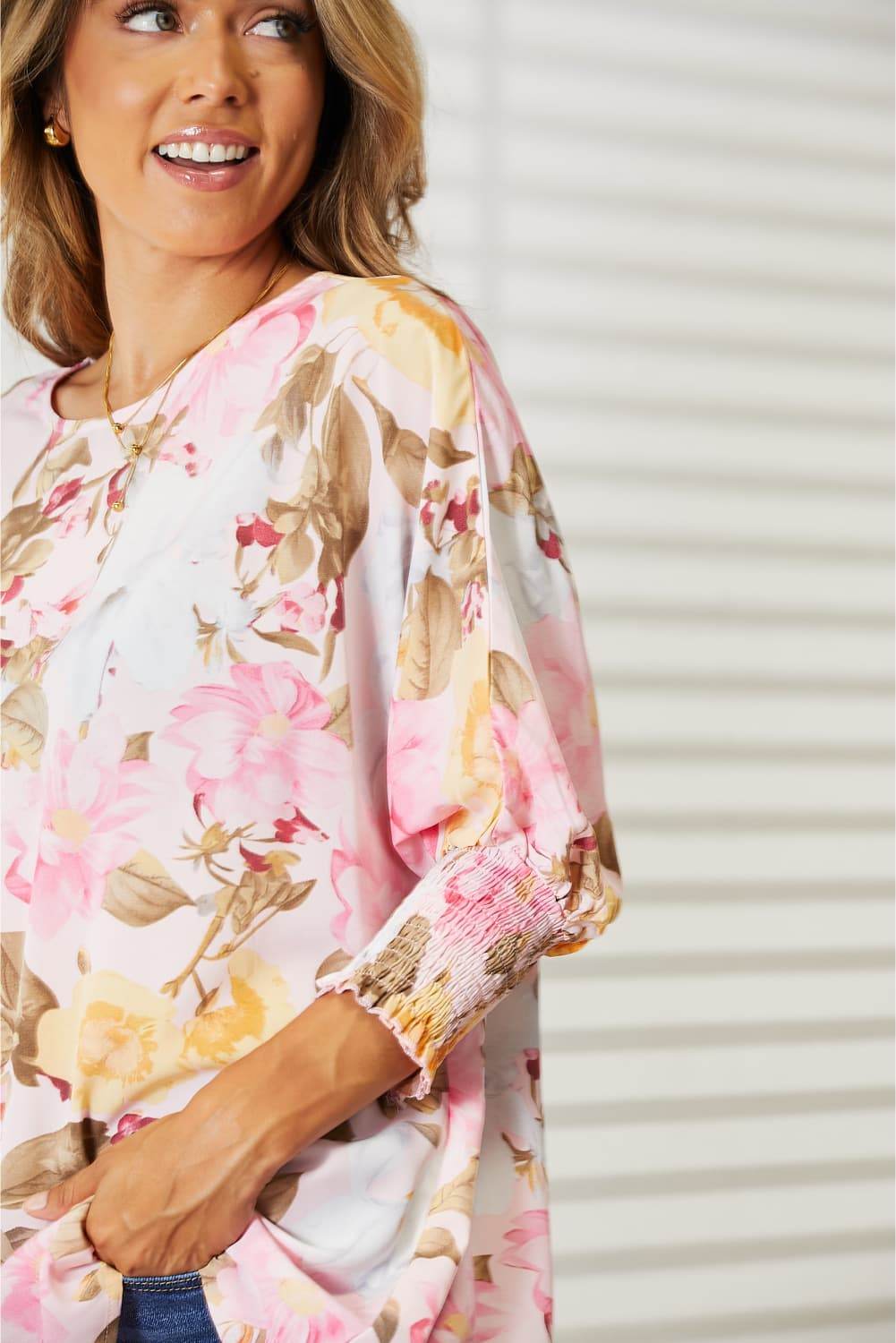 Double Take Floral Round Neck Three-Quarter Sleeve Top - DaTrendStore.Com