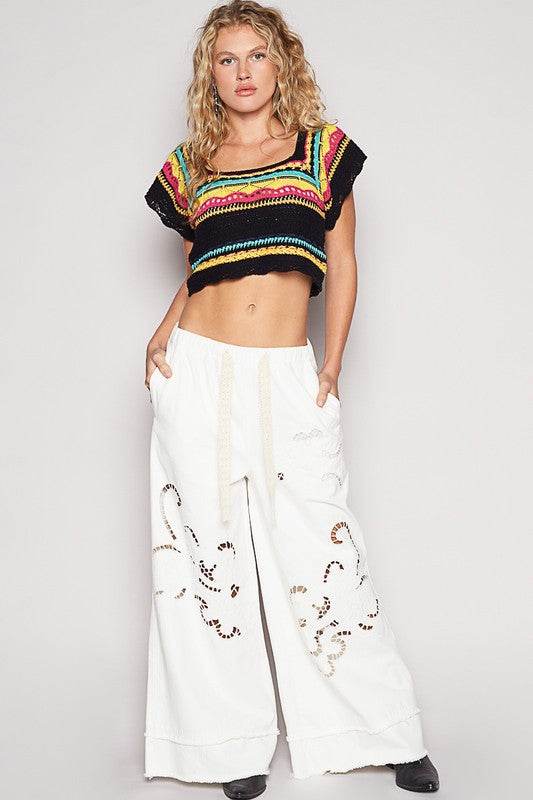 POL Openwork Ethnic Pattern Square Neck Cropped Knit Top - DaTrendStore.Com