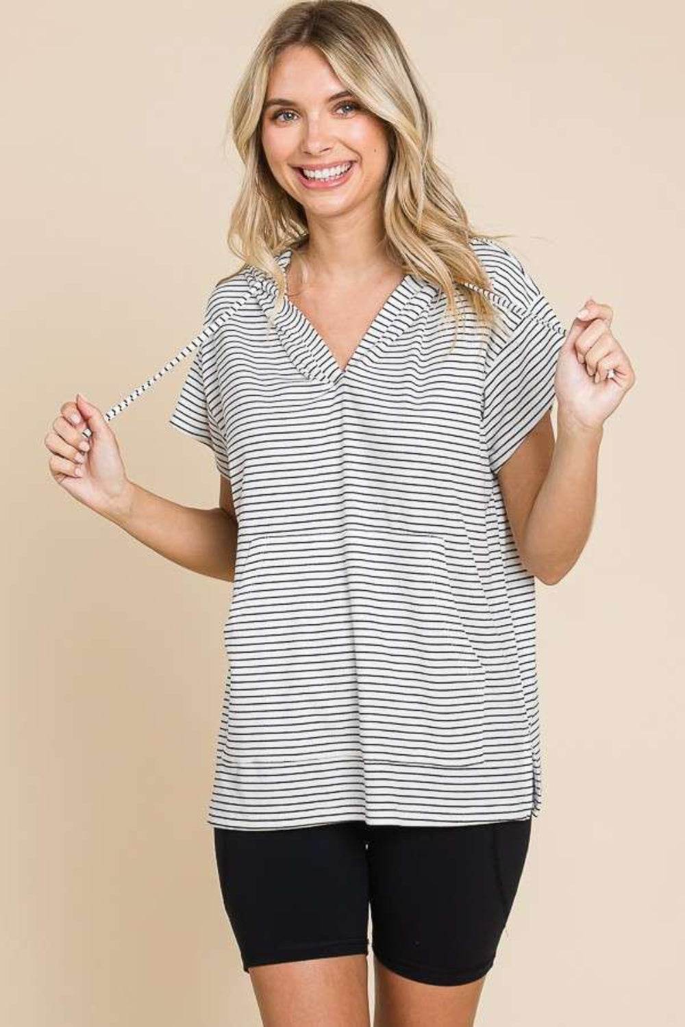 Culture Code Full Size Striped Short Sleeve Hooded Top - DaTrendStore.Com