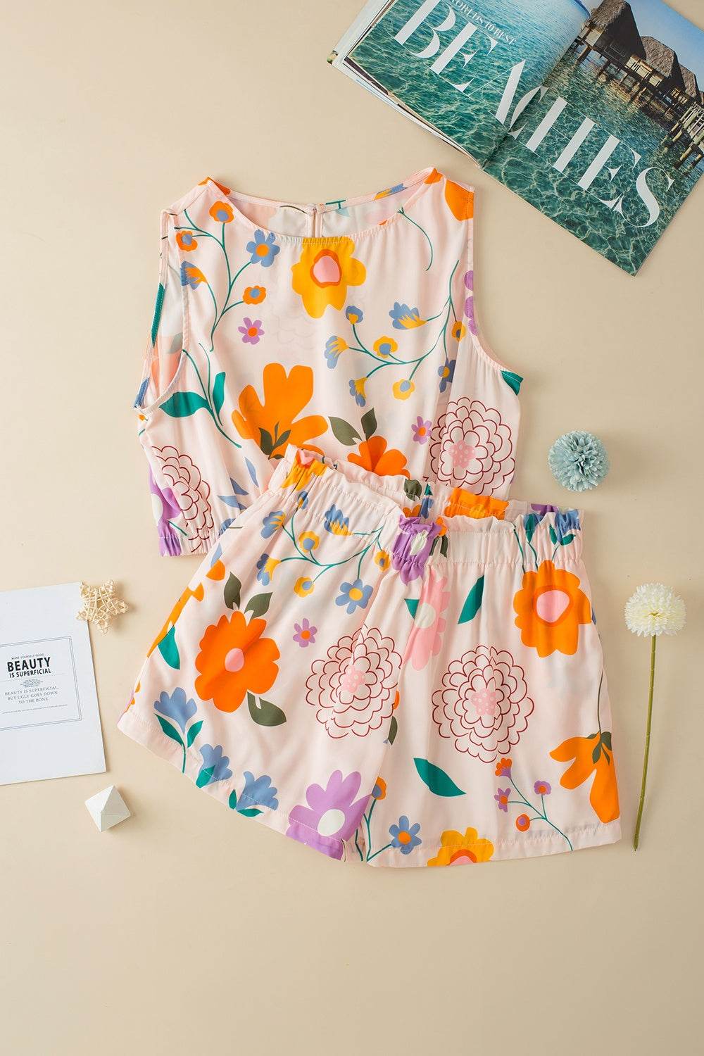 Printed Round Neck Sleeveless Top and Shorts Set - DaTrendStore.Com