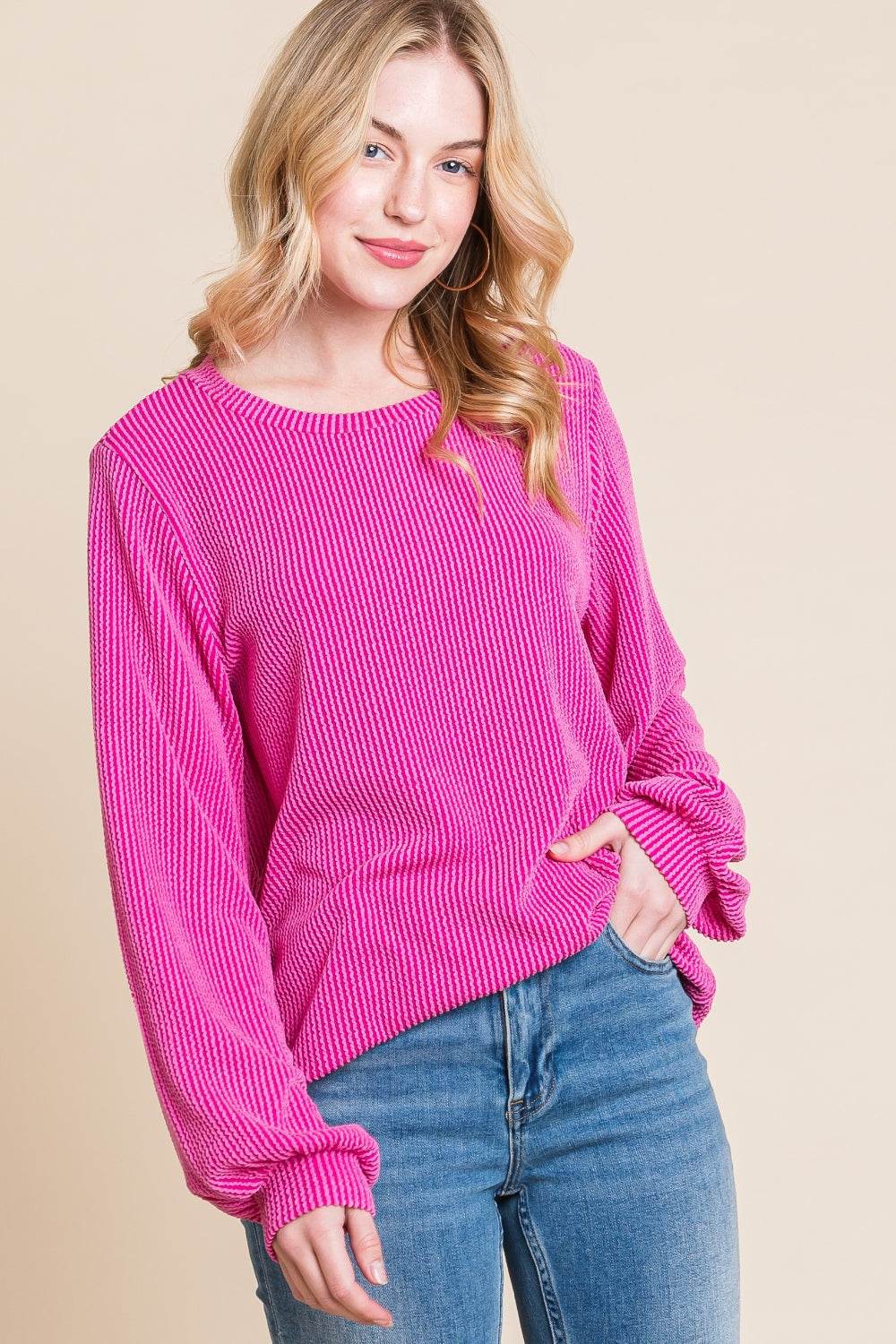 BOMBOM Long Sleeve Curved Hem Ribbed T-Shirt - DaTrendStore.Com