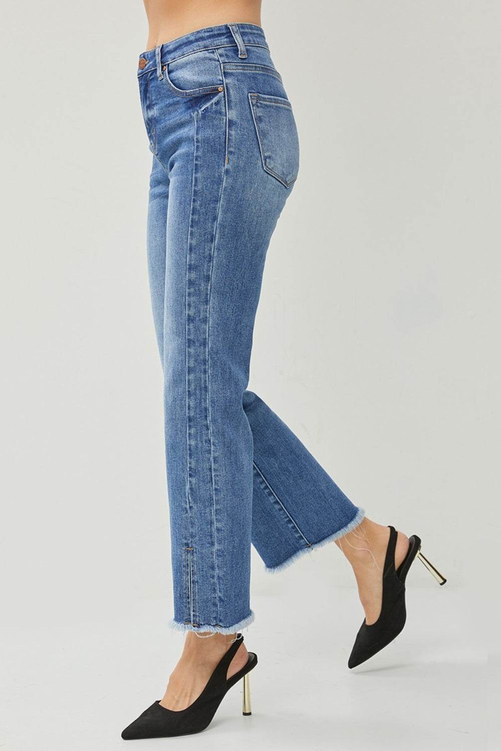 RISEN High Waist Raw Hem Slit Straight Jeans - DaTrendStore.Com