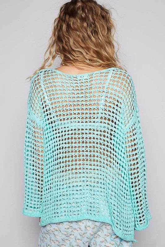 POL Side Slit Openwork Long Sleeve Knit Cover Up - DaTrendStore.Com
