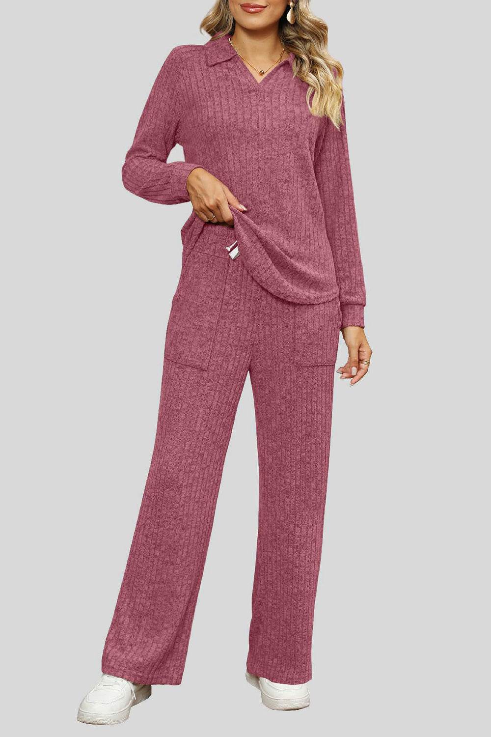 Ribbed Long Sleeve Top and Pocketed Pants Set - DaTrendStore.Com
